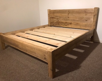 The Suffolk Bed Frame Chunky solid rustic reclaimed pine wood with headboard all sizes available FREE UK DELIVERY. Extra thick 4.5cm slats