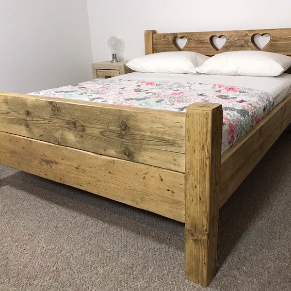 The Heart Bed Frame Chunky reclaimed pine wood with Footboard all sizes available FREE UK DELIVERY