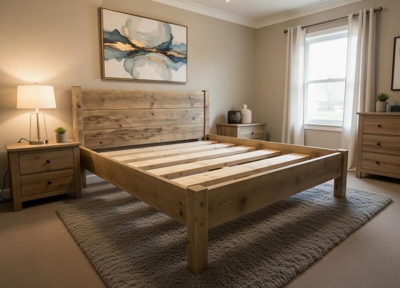 Op de afbeelding: Een lichtbruin houten bedframe met een hoog hoofdeinde van horizontale planken en een lattenbodem. Het bedframe is gemaakt van natuurlijk hout met zichtbare nerven en een stevig ontwerp met vierkante poten.
