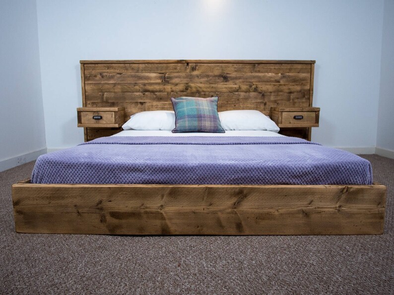 Bodmin Platform Bed Frame Reclaimed Pine Solid Rustic Wood With Headboard Bedside Cabinets Drawers Free Uk Delivery