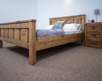 The Windsor Bed Frame Chunky reclaimed pine wood with footboard all sizes available FREE UK DELIVERY