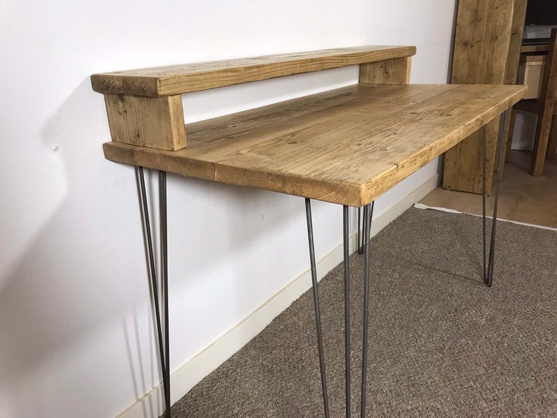 Reclaimed Pine Desk & Monitor Stand Solid Wood Metal Hairpin Etsy
