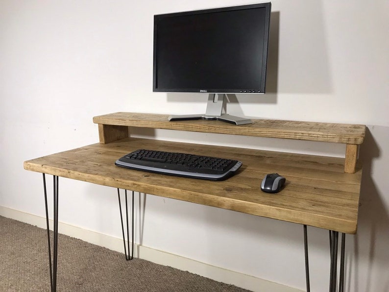 Reclaimed Pine Desk & Monitor Stand Solid Wood Metal Hairpin Etsy