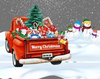 Christmas Red Truck Snowmen Family Digital Design – Winter Wonderland Printable Art