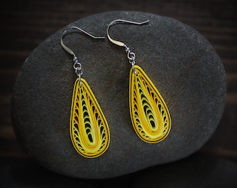 Yellow Tear Drop Paper Quilling Earrings - 1st Anniversary Gift for Her - Paper Quilled Jewelry - Summer Boho Earrings - Quilling Jewelry