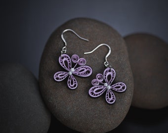 Purple Butterfly Paper Quilling Earrings - 1st Anniversary Gift For Her - Paper Quilled Jewelry - Quilling Jewlery - Boho Dangle Earrings