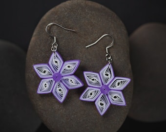 Purple Paper Quilled Flower Earrings - Boho Dainty Jewelry