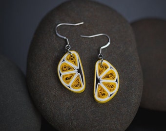 Lemon fruit paper Quilling Earrings - 1st anniversary gift for her - Summer Beach Boho Earrings - Paper Quilled Jewelry - Filigree Earrings