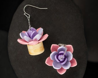 Pendientes de suculentas con filigrana de papel rosa y morado - Regalos para amantes de las plantas - Joyas para amantes de las suculentas - Regalo para el primer aniversario