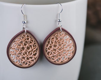 Brown Filigree Teardrop Paper Quilling Earrings - Paper Quilled Jewelry - 1st Anniversary Gift For Her - Quilling Jewelry - Dangle Earrings