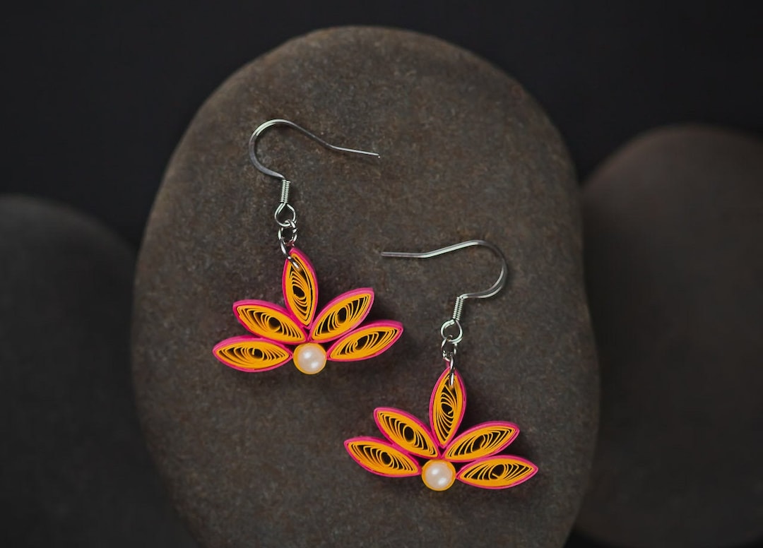 Golden Lotus Paper Quilling Earrings 1st Anniversary Gift for Her