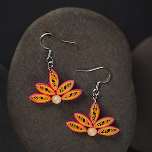 Golden Lotus Paper Quilling Earrings - 1st Anniversary Gift For Her - Mothers Day Gift - Boho Dangle Earrings - Paper Quilled Jewelry