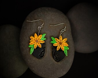 Pendientes de girasol con filigrana de papel hechos a mano / Joyería floral ecológica
