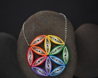 Flower Of Life Big Colorful Paper Quilling Pendant - Rainbow Sacred Geometry Jewelry - 1st Anniversary Gift for her - Mother's Day Gift