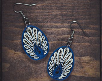 Peacock Blue Paper Quilling Earrings - Feather Earrings - 1st Anniversary Gift For Her - Paper Quilled Earrings - Paper Quilling Jewelry