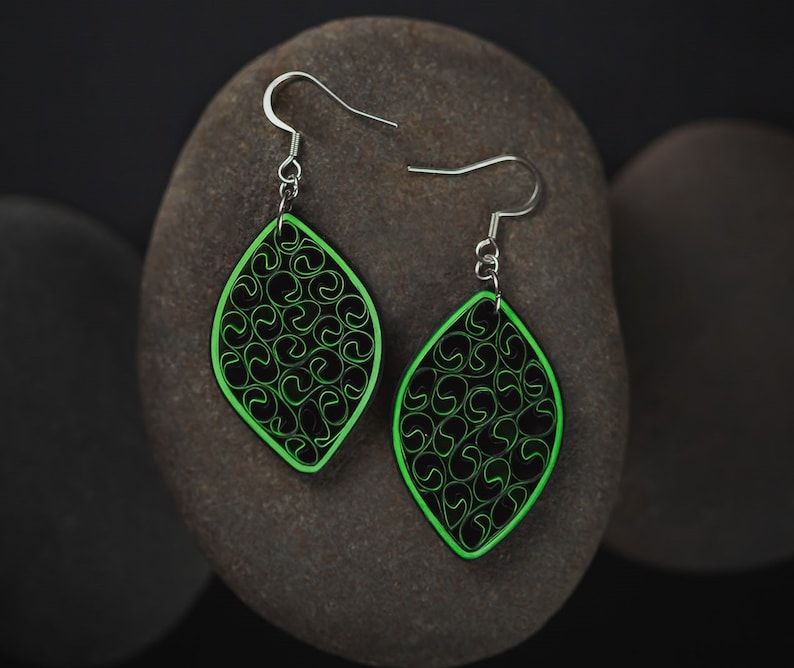 Jade Green Long Teardrop Paper Quilling Earrings Summer Boho Dangle