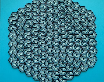 Arte geométrico en papel azul: decoración de pared abstracta moderna, hecha a mano