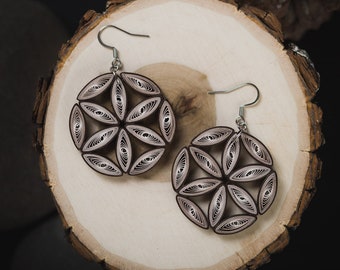 Flower Of Life Big Brown Paper Quilling Earrings - Geometric Paper Quilling Jewelry - 1st Anniversary Gift for her - Summer Boho Earrings