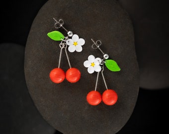 Cherry Paper Quilling Earrings - Lightweight Fruit Earrings