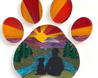 Arte en papel filigranado: Papá perro y perro fiel - Escena natural al atardecer