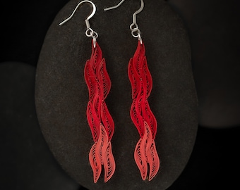 Geometric Paper Quilling Earrings – Ruby Red Cascade, Hypoallergenic