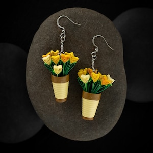 Boucles d'oreilles pot de fleur jaune - Boucles d'oreilles en papier pour amoureux des plantes - Pendentifs fleurs en papier quilling - Meilleur cadeau de maman pour la fête des mères - Anniversaire en papier
