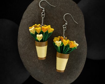 Pendientes de maceta amarilla con flores - Colgantes de papel con filigrana y ganchos hipoalergénicos