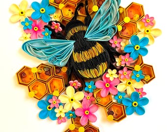 Paper Quilling Bumblebee Wall Art, Framed 8x10 Honeycomb Flower Garden, Handmade Original