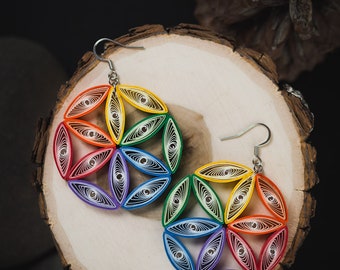 Flower Of Life Big Colorful Paper Quilling Earrings - Rainbow Paper Quilling Jewelry - 1st Anniversary Gift for her - Summer Boho Earrings