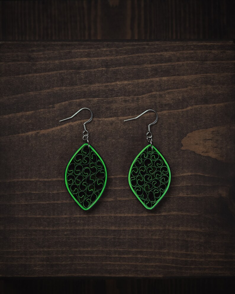 Jade Green Long Teardrop Paper Quilling Earrings Summer Boho Dangle