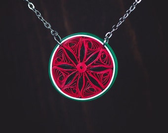 Watermelon Fruit Paper Quilling Necklace - Quilled Fruit Jewelry- 1st Anniversary Gift For Her - Filigree Paper Jewelry