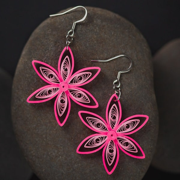 Pink Flower Paper Quilling Earrings -  Paper Quilled Jewelry - 1st Anniversary Gift for her - Summer Beach Boho Earrings - Filigree Earrings
