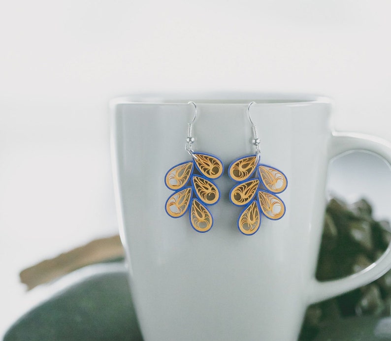 Blue Teardrop Paper Quilling Earrings 1st Anniversary Gift For her Summer Beach Boho Earrings Paper Quilled Jewelry Filigree Earring image 3