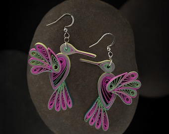 Pendientes de colibrí con filigrana: joyería de pájaro de papel rosa y verde