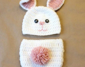 Newborn Bunny Hat with Diaper cover / Newborn Photo Prop / Crochet Photo Prop