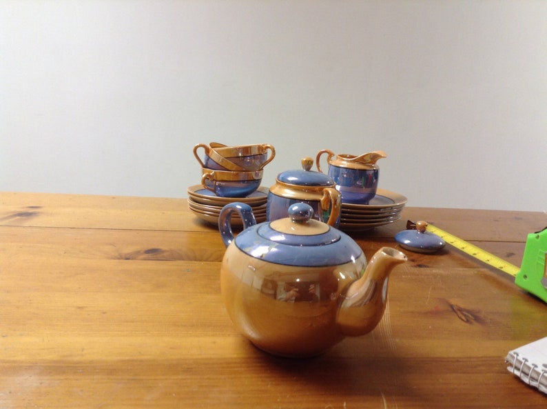 1930's 20 Piece, Japanese Porcelain Tea Set Gold Blue Luster Glaze Rare