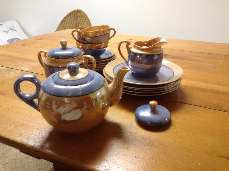 1930's 20 Piece, Japanese Porcelain Tea Set Gold Blue Luster Glaze Rare
