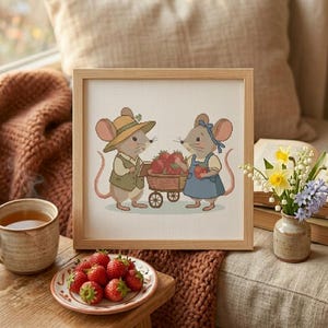 Peut inclure: Une broderie encadrée représente deux souris avec une charrette de fraises. L'une porte un chapeau et un gilet, l'autre une robe bleue. Une assiette de fraises fraîches est devant le cadre, avec une tasse de thé et des fleurs à proximité.