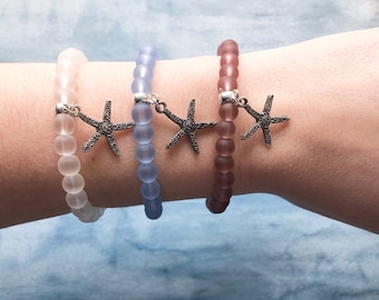 Sea Glass Stretch Charm Bracelet - Starfish Bracelet - Stretch Bracelet - Beaded Bracelet - Beach Bracelet - Boho Bracelet - Gift for Her