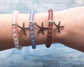 Sea Glass Stretch Bracelet: Starfish Charm, Beaded Boho Style