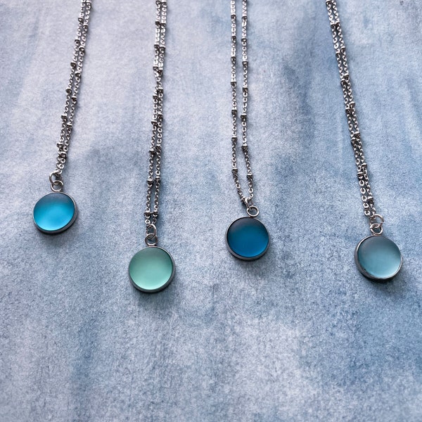 Frosted Sea Glass Necklace: Stainless Steel Chain, Minimalist Pendant