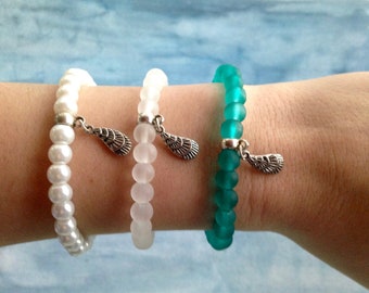 Sea Glass Bracelet - Shell Charm Bracelet - Beaded Charm Bracelet - Stretch Charm Bracelet - Stacking Bracelet - Gift for Her