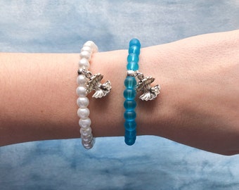 Sea Glass Bracelet - Shell Charm Bracelet - Beaded Charm Bracelet - Stretch Charm Bracelet - Stacking Bracelet - Gift for Her