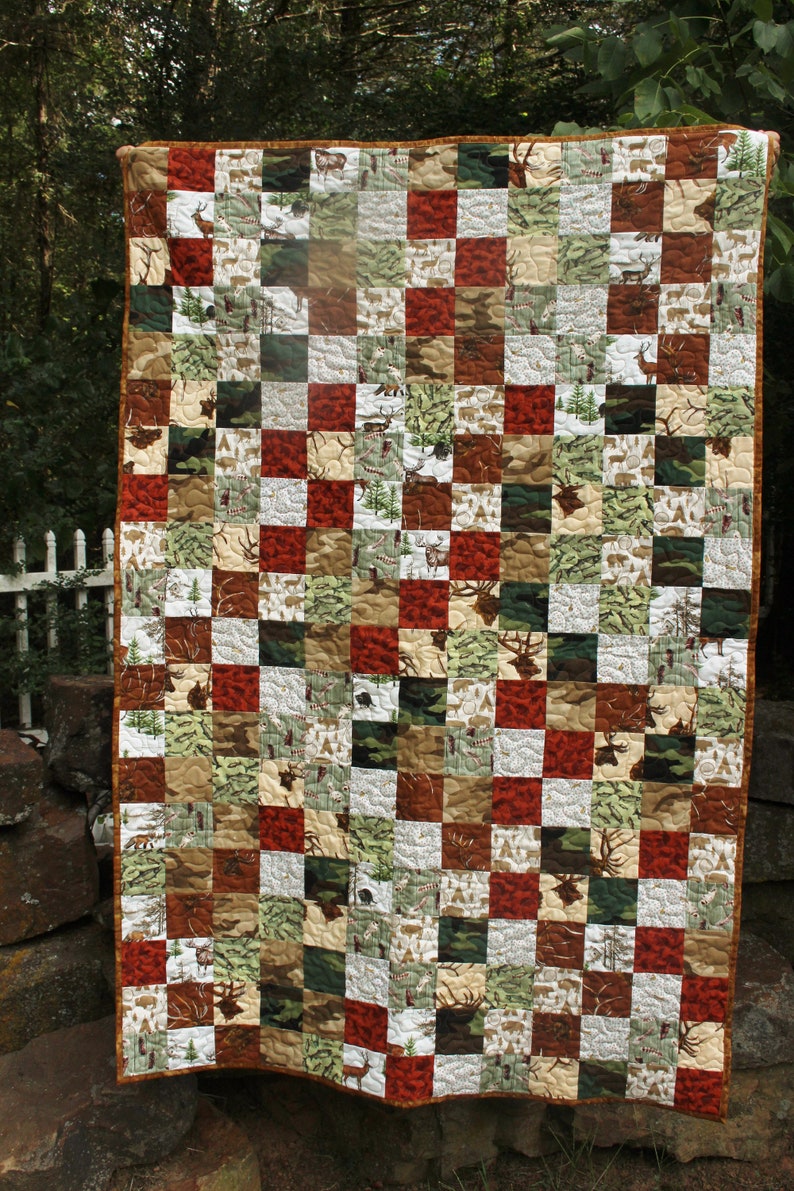 Baby boy deer hunter quilt Toddler bedding Rustic lodge style blanket Heirloom quilt Woodland animals theme nursery Baby shower gift
