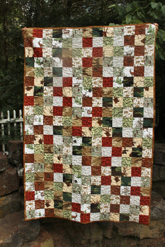 Baby boy deer hunter quilt Toddler bedding Rustic lodge style blanket Heirloom quilt Woodland animals theme nursery Baby shower gift