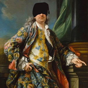 May include: A portrait painting of a man wearing a blue and gold patterned coat with a black eye patch. The man is standing in front of a green curtain and a stone pillar.