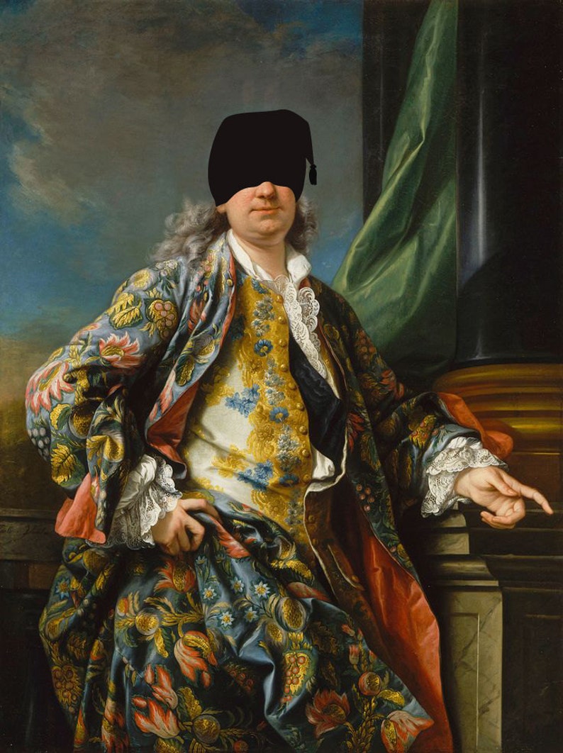 May include: A portrait painting of a man wearing a blue and gold patterned coat with a black eye patch. The man is standing in front of a green curtain and a stone pillar.