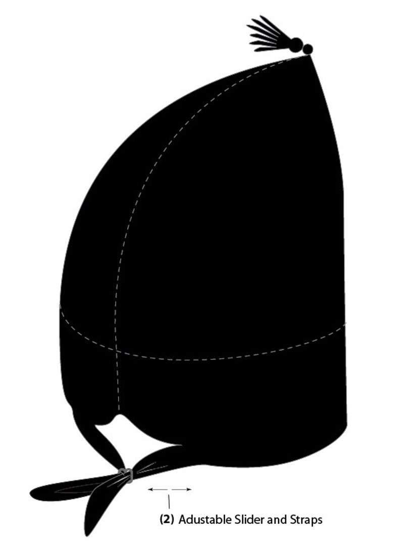 May include: Black fabric hat with a tassel on top and adjustable straps. The straps have a slider to adjust the fit.