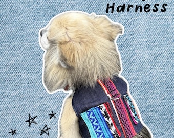 Denim Serape Print Dog Harness – Handmade Pet Vest with Velcro Fastening