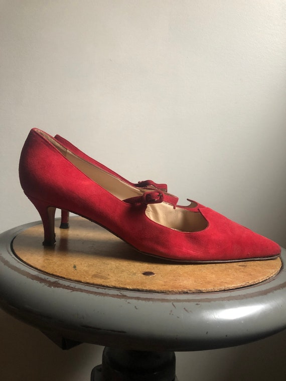 Manolo Blahnik red suede Mary Janes